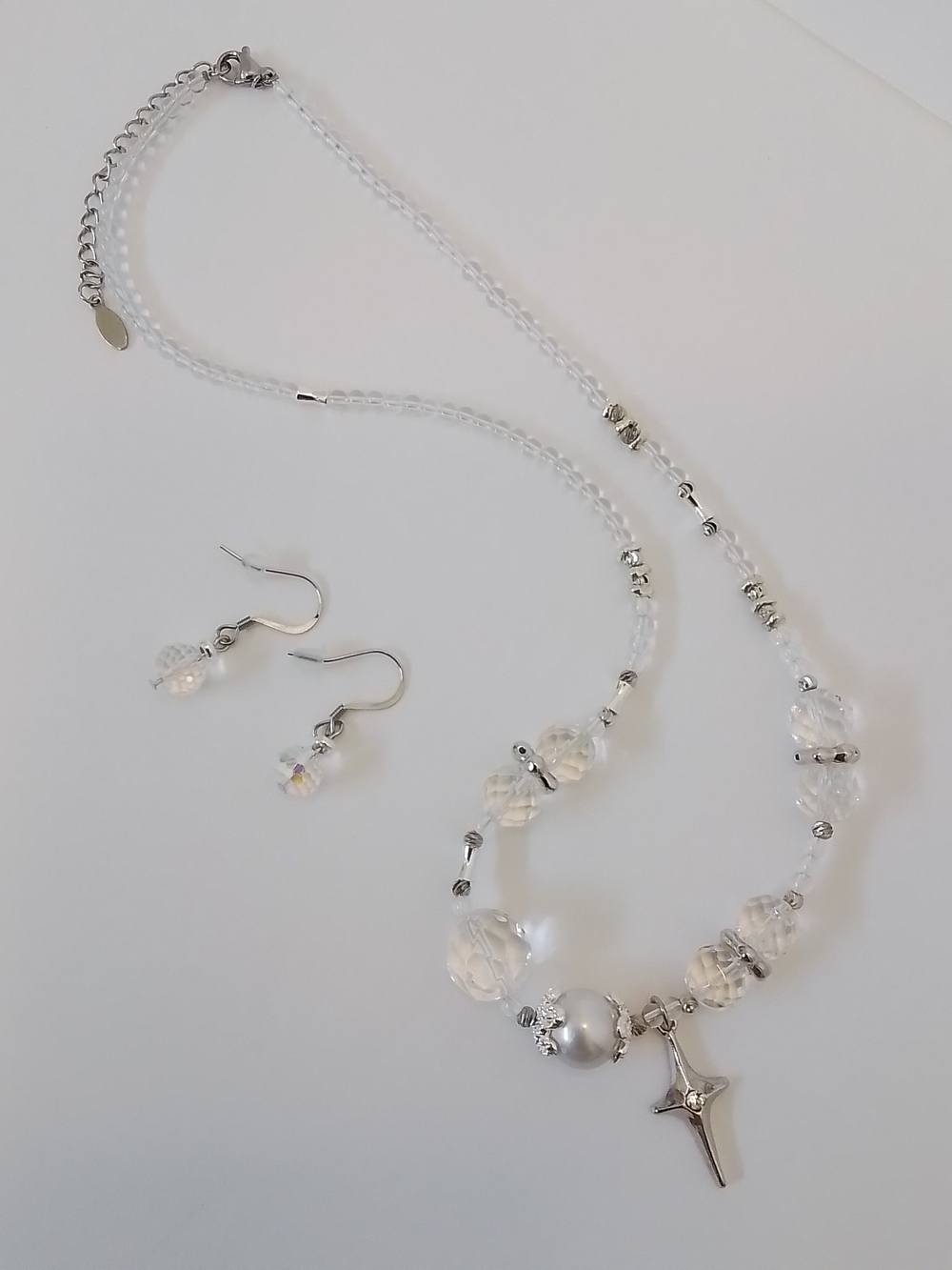 Delicate Clear Quartz Bead Necklace & Earring Set with Cross Accent